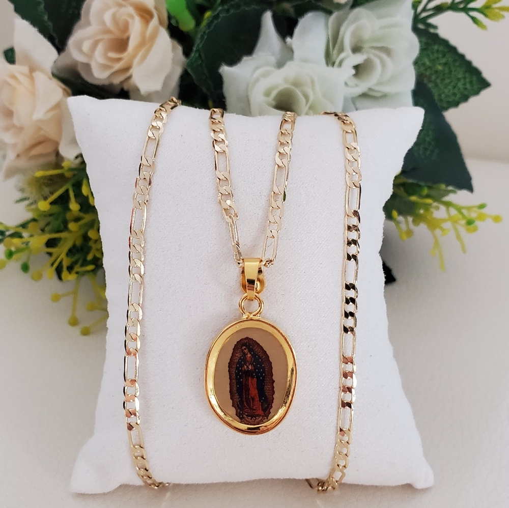 Oval Color Virgen of Guadalupe Gold Plated Necklace